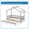 Gray extendable house bed frame with roof and fence rails, designed for 2 twin mattresses, ideal for kids' rooms.