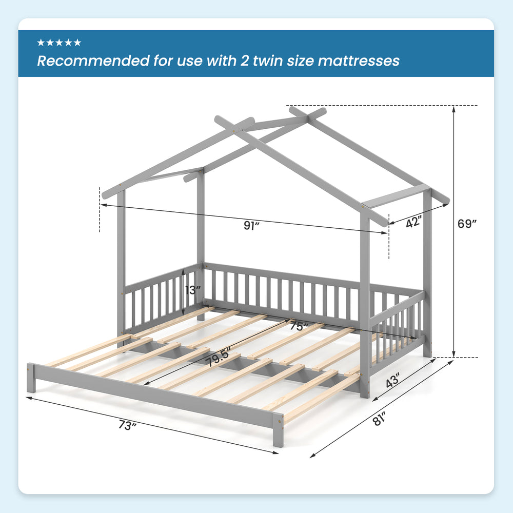 Gray extendable house bed frame with roof and fence rails, designed for 2 twin mattresses, ideal for kids' rooms.