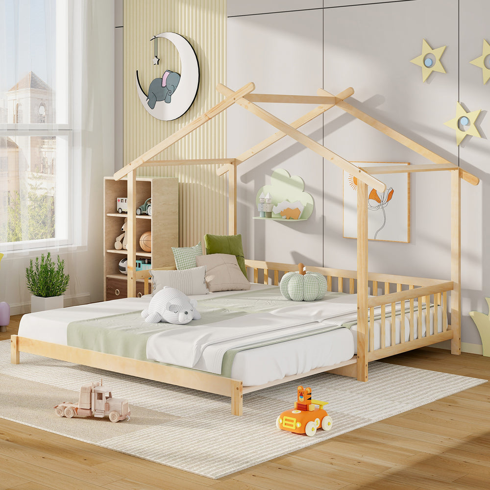 Extendable House Bed Twin to King Daybed with Roof and Fence Rails-Natural - Gallery View 1 of 10