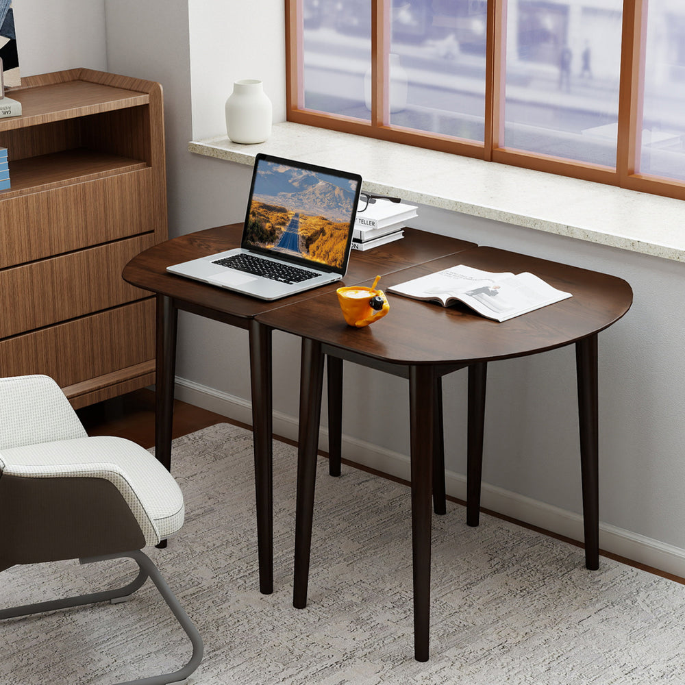 Extendable oval dining table set with walnut finish, featuring two half-round tables for flexible seating in modern.