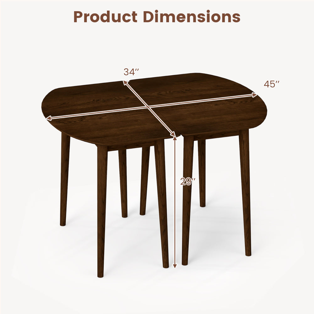 Oval dining table dimensions showing 45" x 34" size, designed for 4-6 people with walnut finish and rounded corners.
