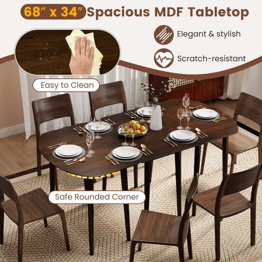 Spacious 68" x 34" walnut MDF dining table with rounded corners, perfect for 4-6 people in modern farmhouse settings.