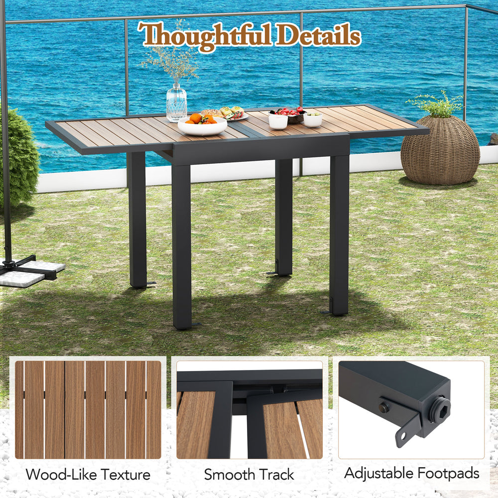 Extendable patio table with wood-like texture, adjustable footpads, and smooth track, perfect for 4-6 people outdoors.