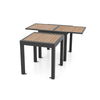 Extendable patio table with a slatted wood-like top, adjustable from 31.5" to 63", for 4-6 people gatherings.