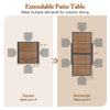 Extendable patio table shown in square and rectangle configurations, accommodating 4-6 people, with a wood-like texture.