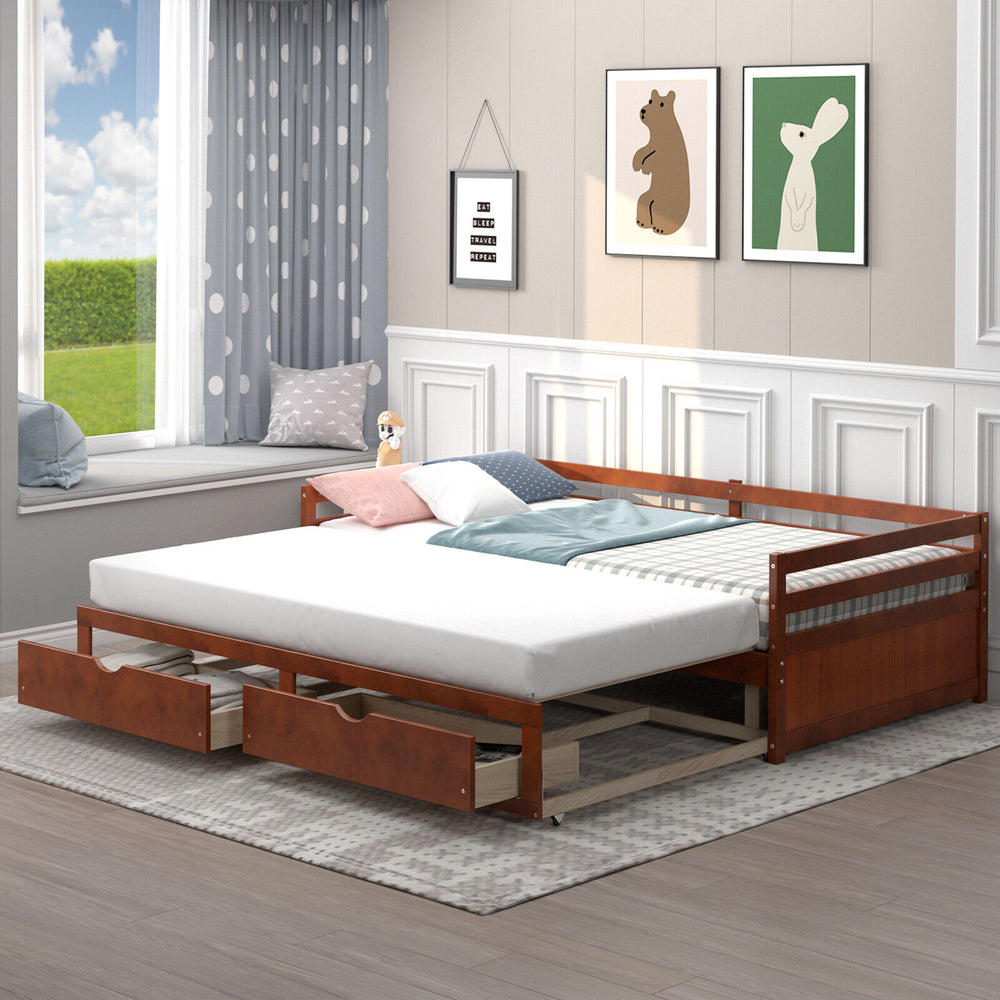 Extendable twin to king daybed with trundle and 2 storage drawers, featuring a sturdy wood frame and modern design.