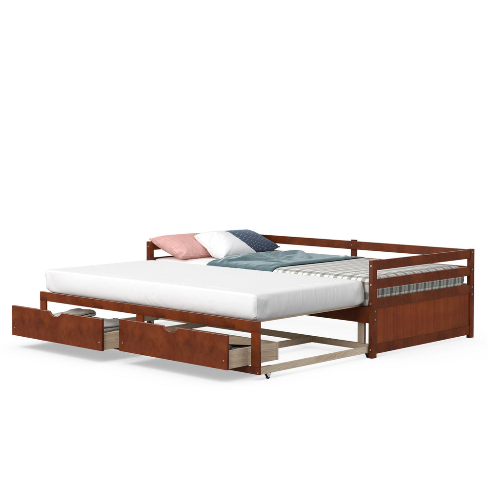 Twin to king daybed with trundle and two storage drawers, showcasing a clean modern design and sturdy wood frame.