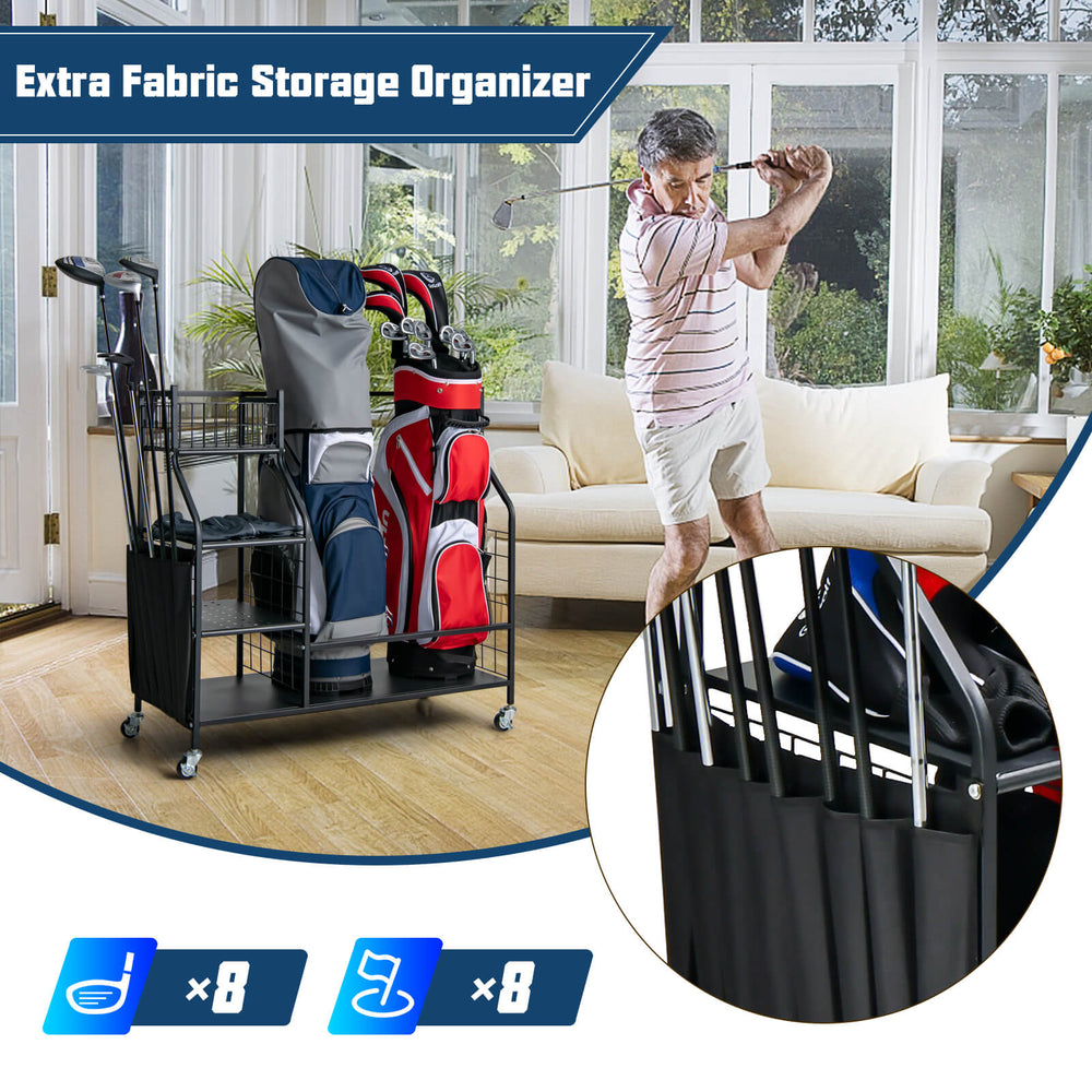 Double golf bag organizer with lockable wheels, featuring large storage for 2 bags, shelves, and hooks for accessories.