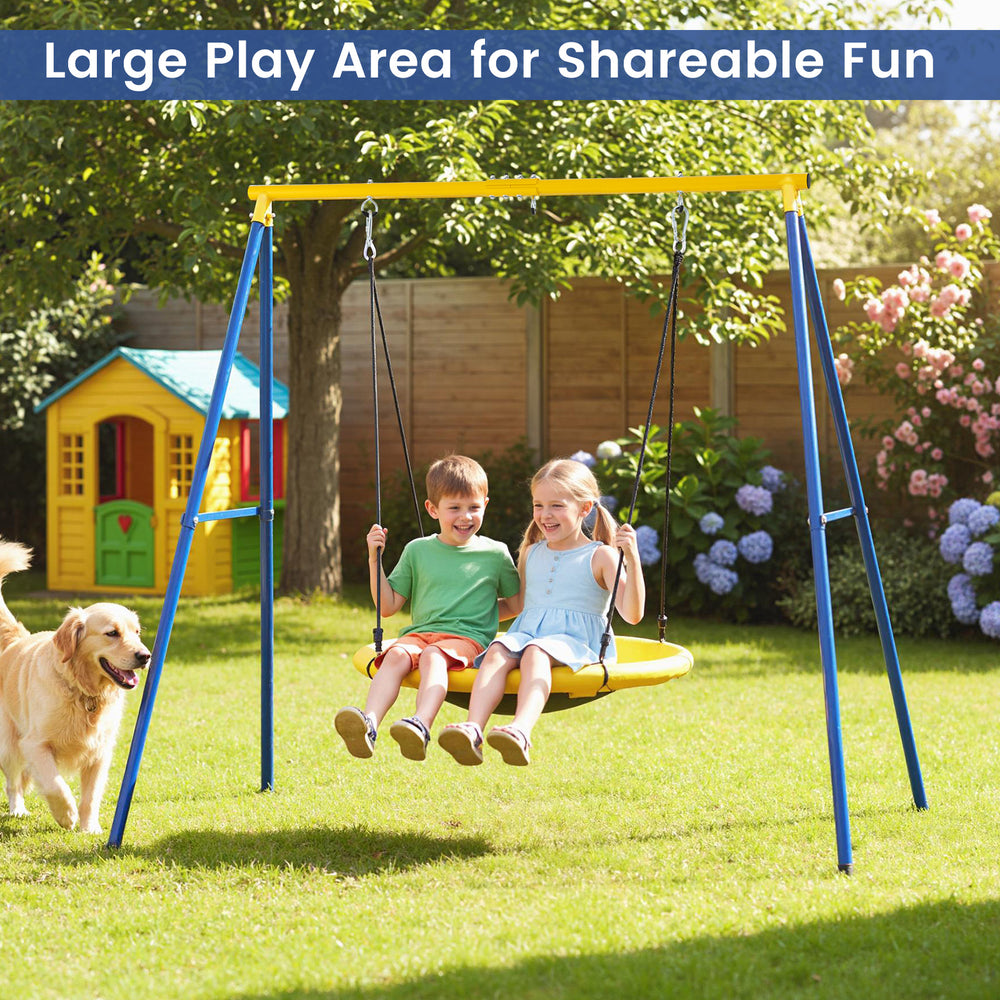 Extra large heavy duty A-frame steel swing stand with two children swinging, suitable for various swings in a backyard.