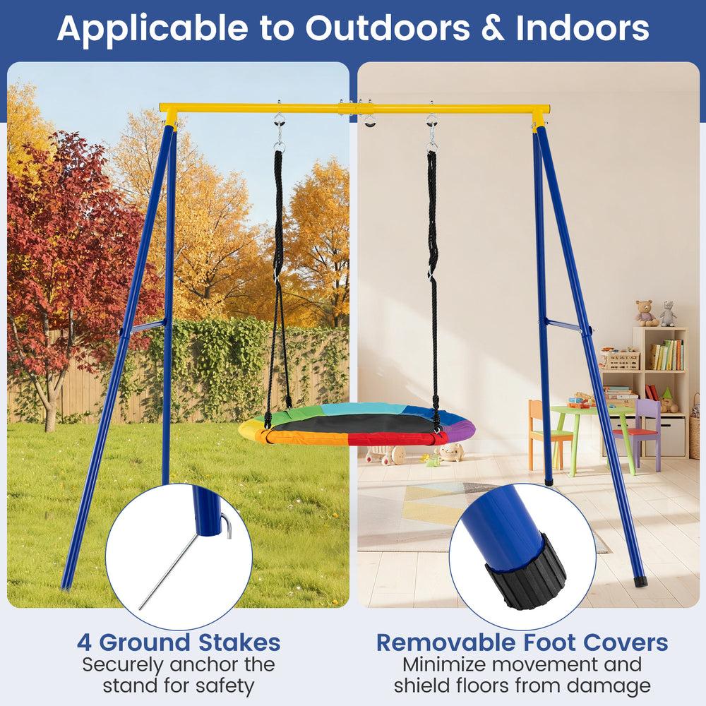 Extra large heavy duty A-frame steel swing stand with four ground stakes and removable foot covers for stability.