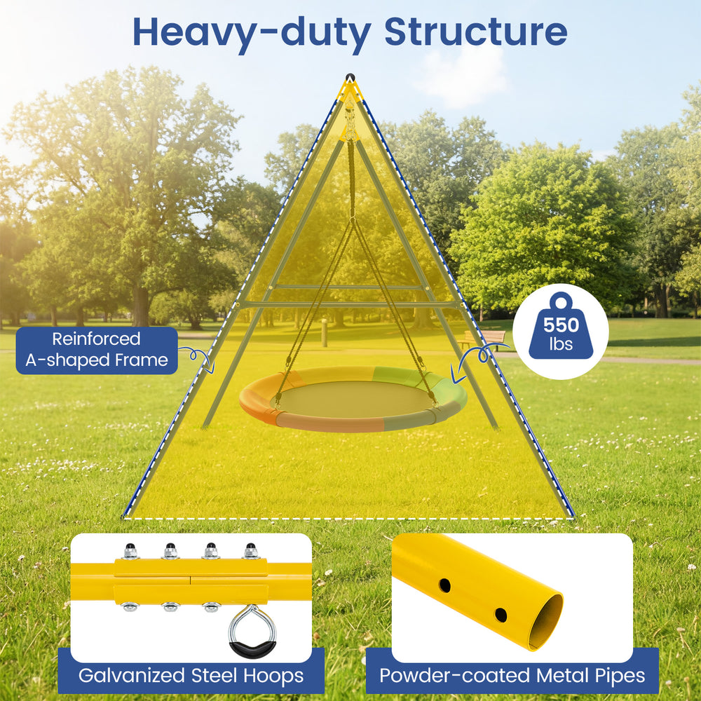 Extra large heavy-duty A-frame steel swing stand with galvanized hoops and powder-coated pipes for stability and safety.