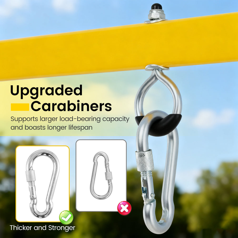 Close-up of upgraded carabiners for the Extra Large Heavy Duty A-Frame Steel Swing Stand, designed for enhanced.