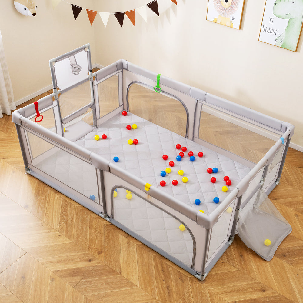 Extra Large Playpen with Basketball Hoop for Babies and Toddlers-Light Gray - Gallery View 1 of 9