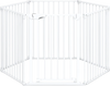 6-panel adjustable baby gate in white, expands 34.5-154", features double locking system for safety and customizable.