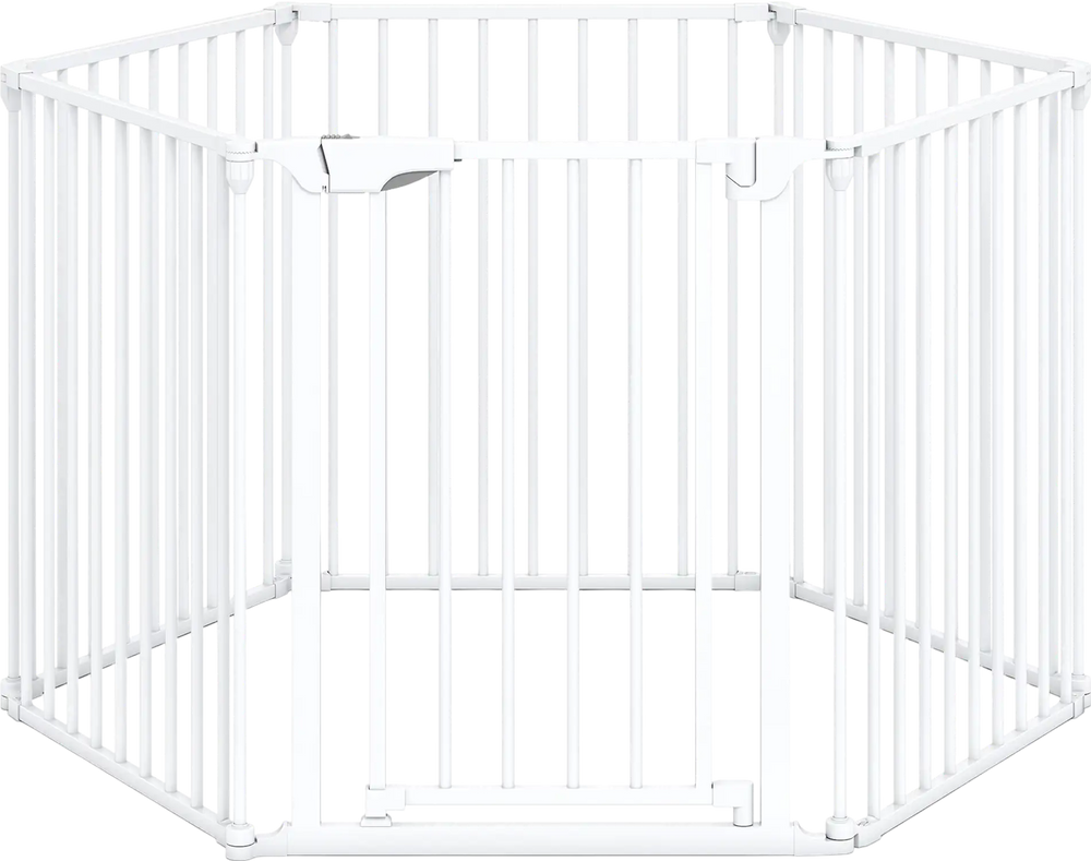 6-panel adjustable baby gate in white, expands 34.5-154", features double locking system for safety and customizable.
