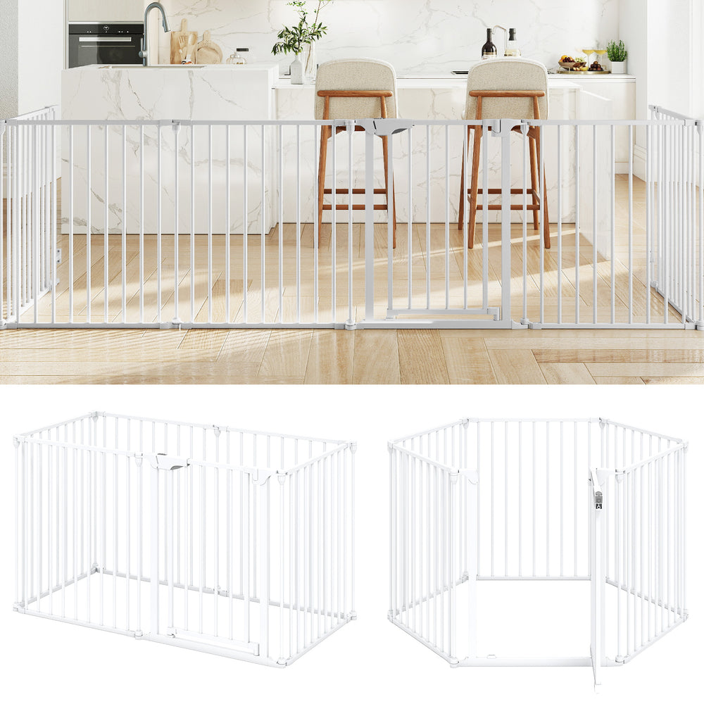 6-panel extra wide baby gate in white, adjustable from 34.5-154", ideal for safety around stairs and fireplaces.