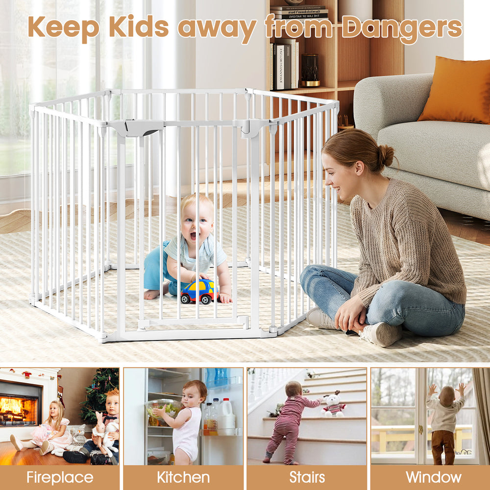 6-panel adjustable baby gate in white, expanding 34.5-154", ensuring safety around stairs, fireplace, and windows.