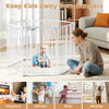 6-panel adjustable baby gate in white, expanding 34.5-154", ensuring safety around stairs, fireplace, and windows.