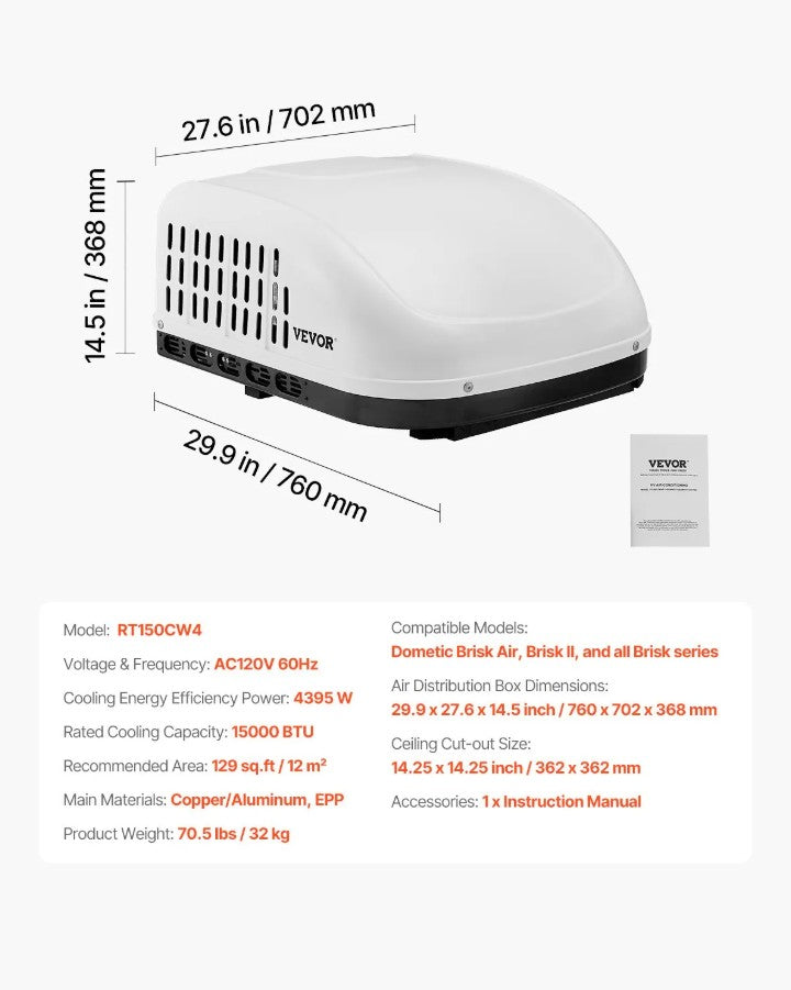 Vevor RV Air Conditioner 15,000 BTU Non-Ducted Rooftop AC Quiet 65 dB Dometic Brisk Compatible New