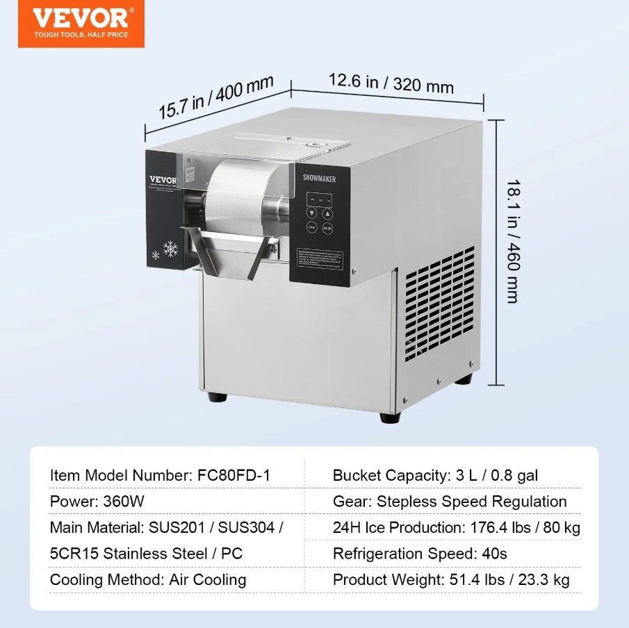 Vevor Commercial Snowflake Ice Machine 176 Lbs/Day Stainless Steel Multi-Texture Ice New