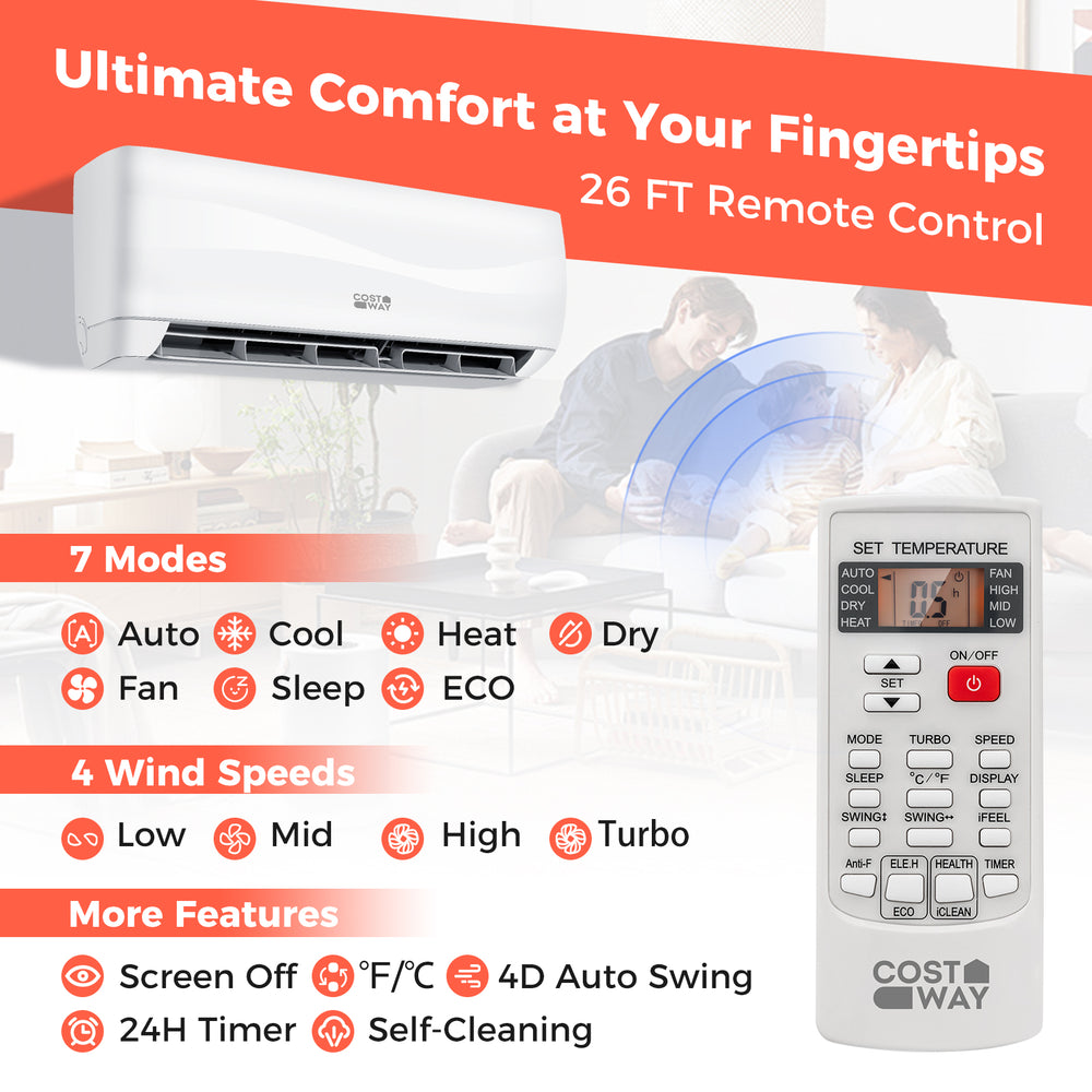 Costway Blast Series Mini Split Air Conditioner Heater Ductless 12000 BTU 17 SEER2 208-230V Remote Control New