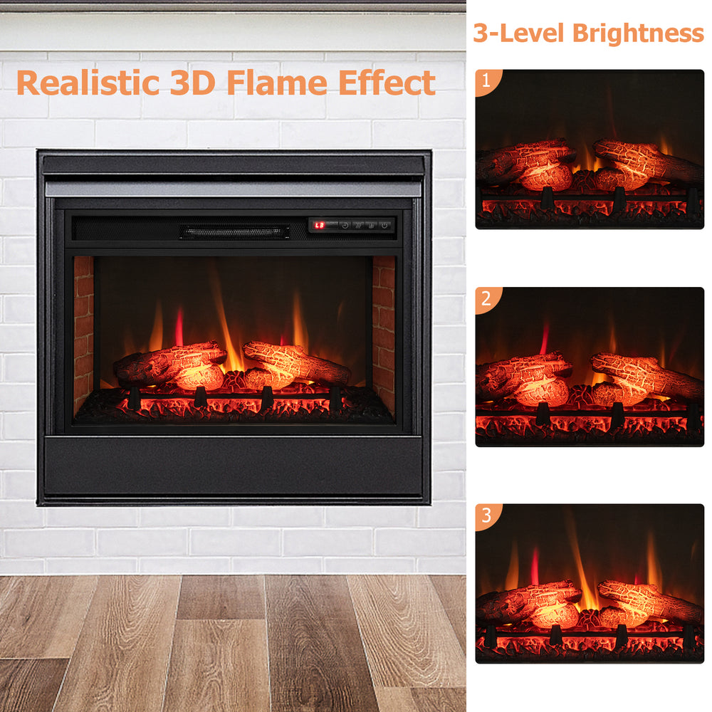 26-inch infrared electric fireplace insert showing realistic 3D flame effect with adjustable brightness for cozy.