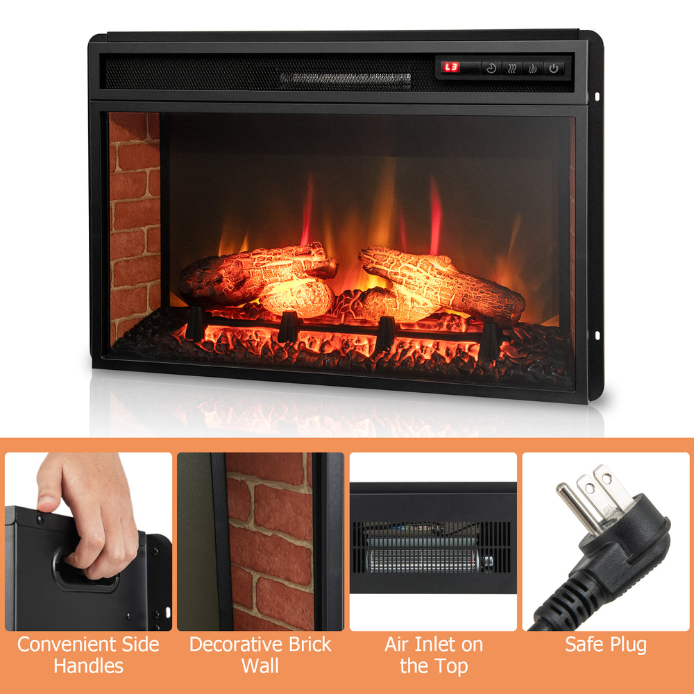 26-inch black infrared electric fireplace insert with adjustable flame effects, remote control, and safe operation.