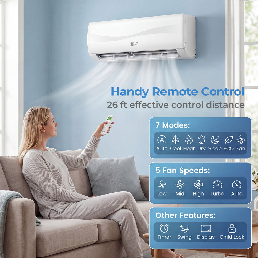 Mini split air conditioner with heat pump, featuring a remote control and 4 in 1 design for year-round comfort.