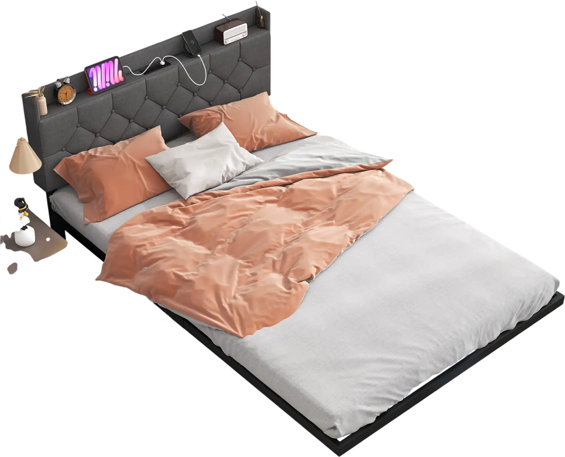 Costway Floating Bed Frame LED Headboard Charging Station Full 27985314 New
