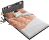 Floating bed frame with LED lights, storage headboard, and charging station for a modern bedroom aesthetic.
