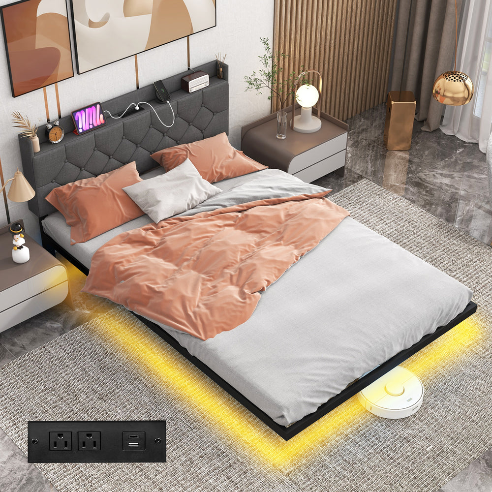 Full/Queen Size Floating Bed Frame with LED and Headboard and Charging Station-Full Size - Gallery View 1 of 10