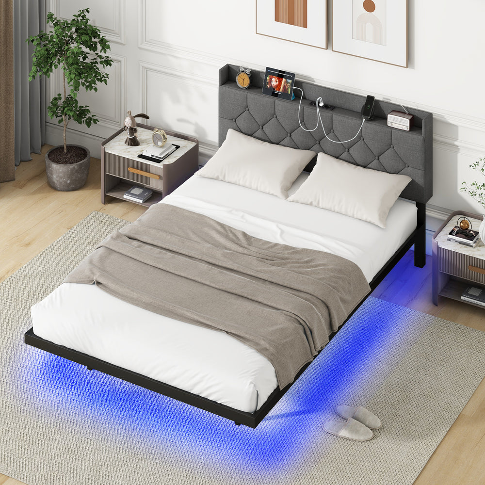 Full/Queen size floating bed frame with LED lights, storage headboard, and charging station for a modern bedroom look.