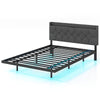 Floating bed frame with LED lights, storage headboard, and charging station for full/queen size beds, featuring a sleek.