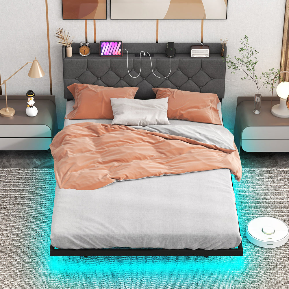 Floating full/queen size bed frame with LED lights, storage headboard, and charging station for a modern bedroom setup.