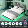 Full/Queen size floating bed frame with LED lights, storage headboard, and smart APP control for a futuristic bedroom.
