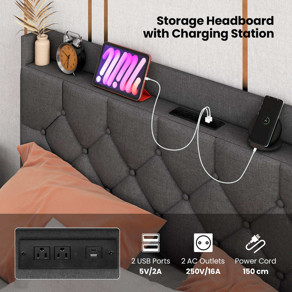 Storage headboard with charging station featuring 2 USB ports and 2 AC outlets for convenient device charging.