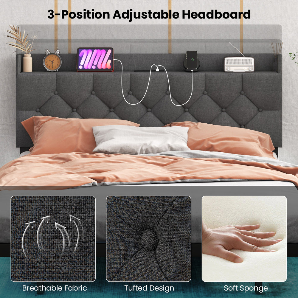 Full/Queen size floating bed frame with adjustable headboard, LED lights, and charging station for modern bedroom.