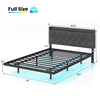 Full size floating bed frame with LED lights, storage headboard, and charging station for a modern bedroom setup.