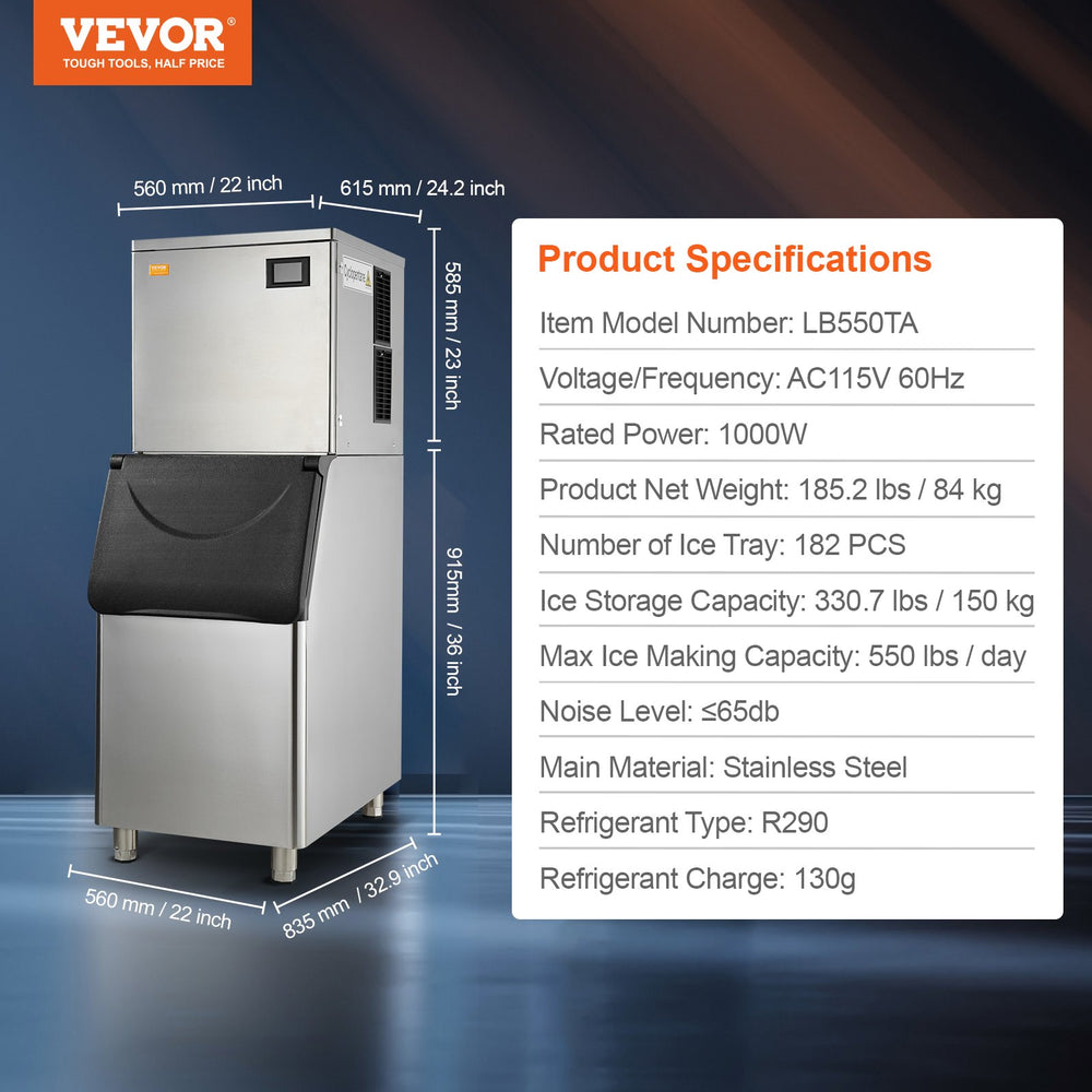 Vevor Commercial Ice Maker 550 Lbs/24 Hrs 330.7 Lbs Storage 1000W Auto Self-Cleaning LED Panel New