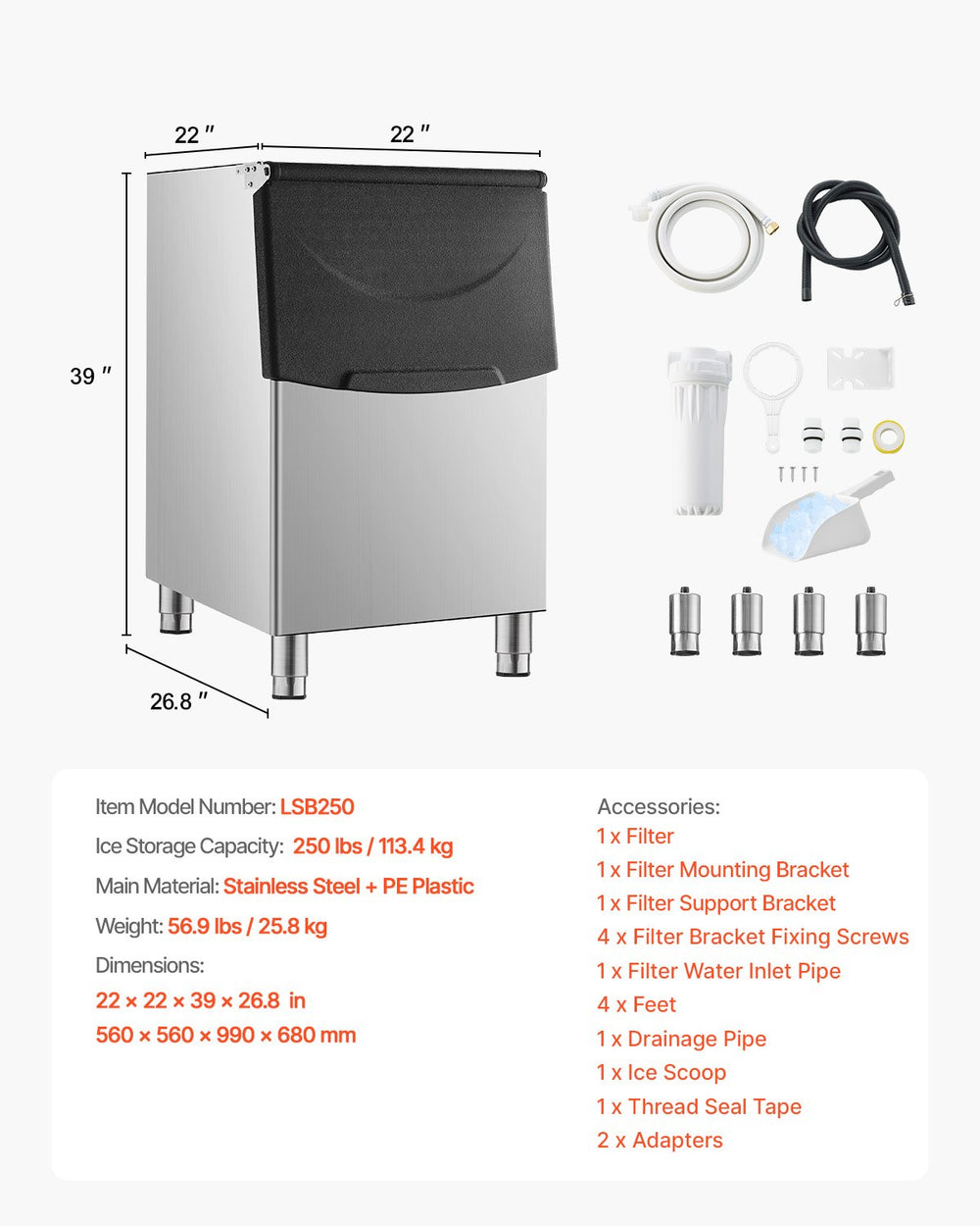 Vevor Commercial Ice Storage Bin 250 Lbs Capacity Stainless Steel with Drainage New
