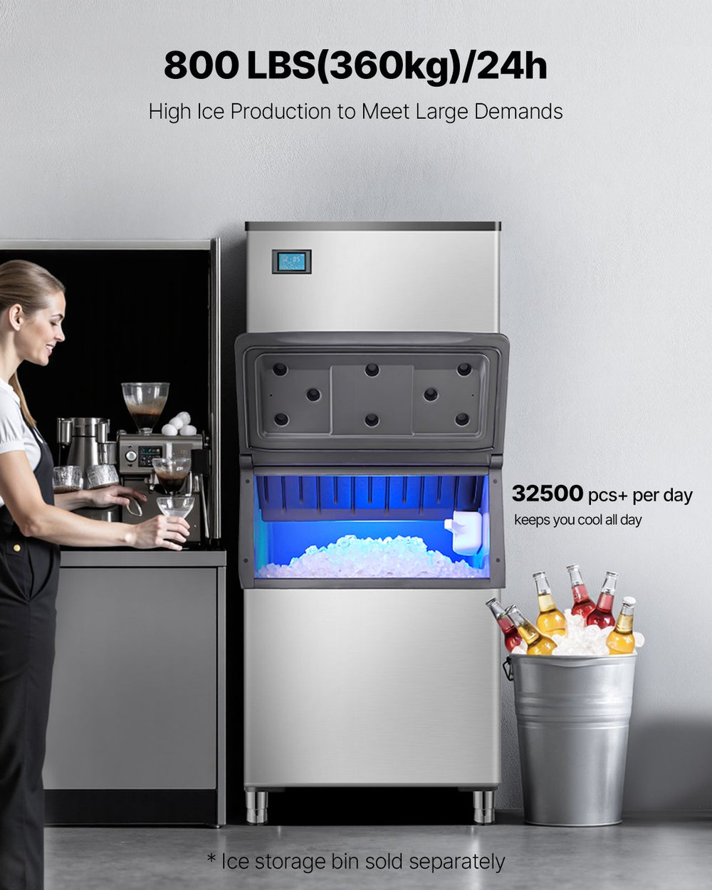 Vevor Commercial Ice Maker Head Unit Only 800 Lbs/Day Self-Cleaning Adjustable Ice Thickness New