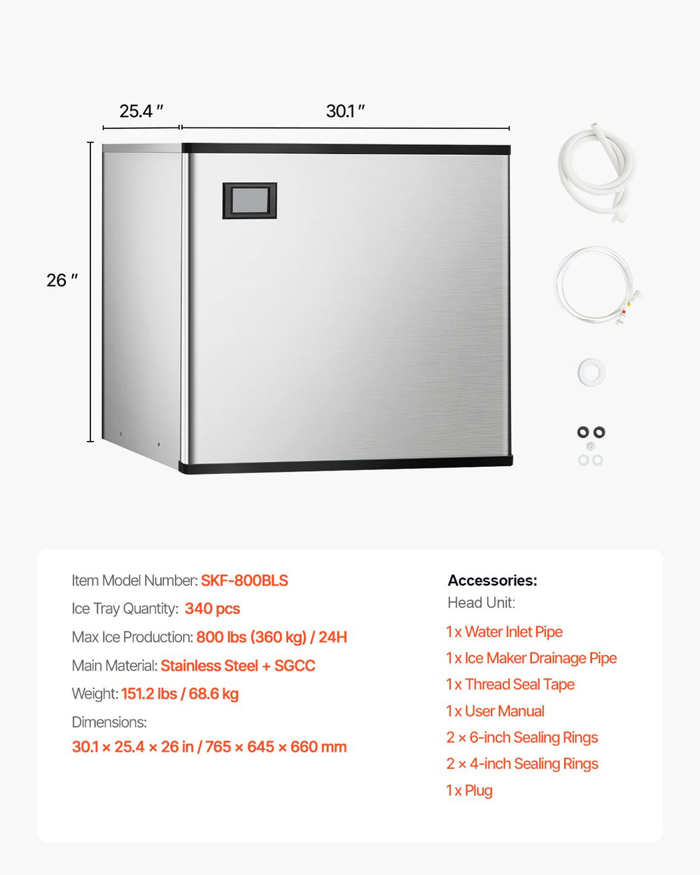 Vevor Commercial Ice Maker Head Unit Only 800 Lbs/Day Self-Cleaning Adjustable Ice Thickness New