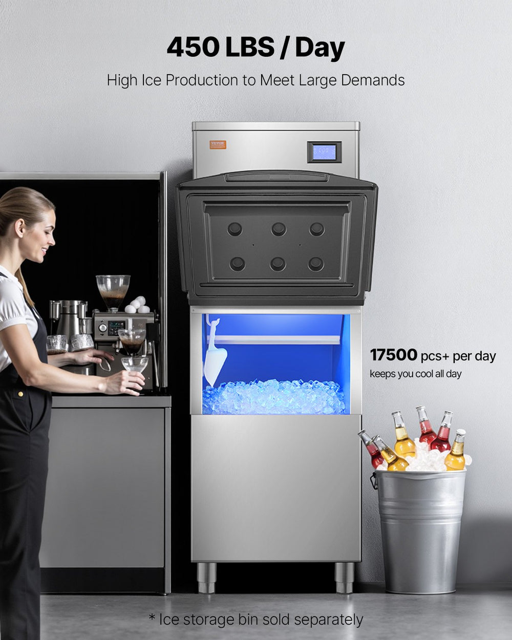 Vevor Commercial Ice Maker Head Unit Only 450 Lbs/Day Self-Cleaning with Touch Control New