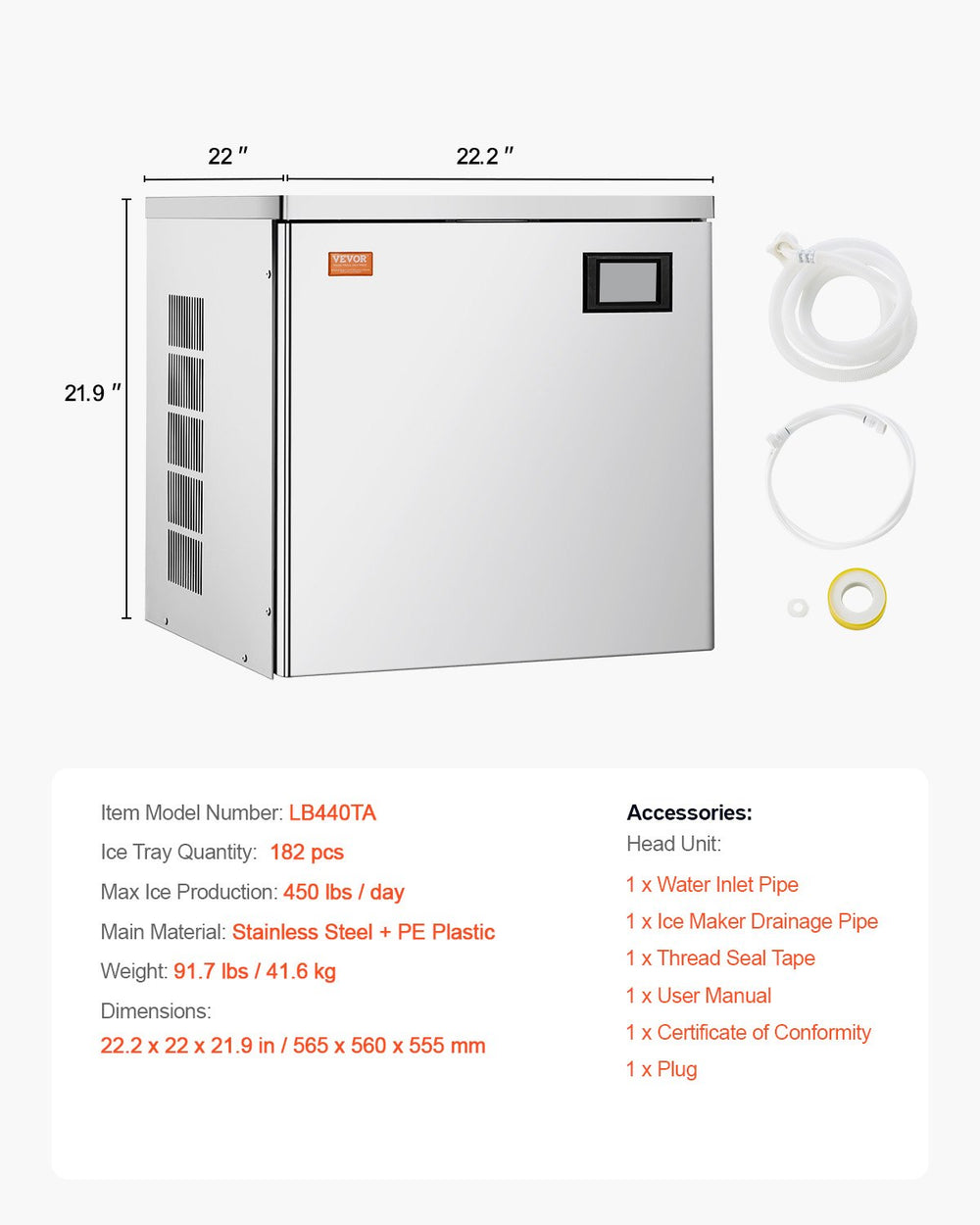 Vevor Commercial Ice Maker Head Unit Only 450 Lbs/Day Self-Cleaning with Touch Control New