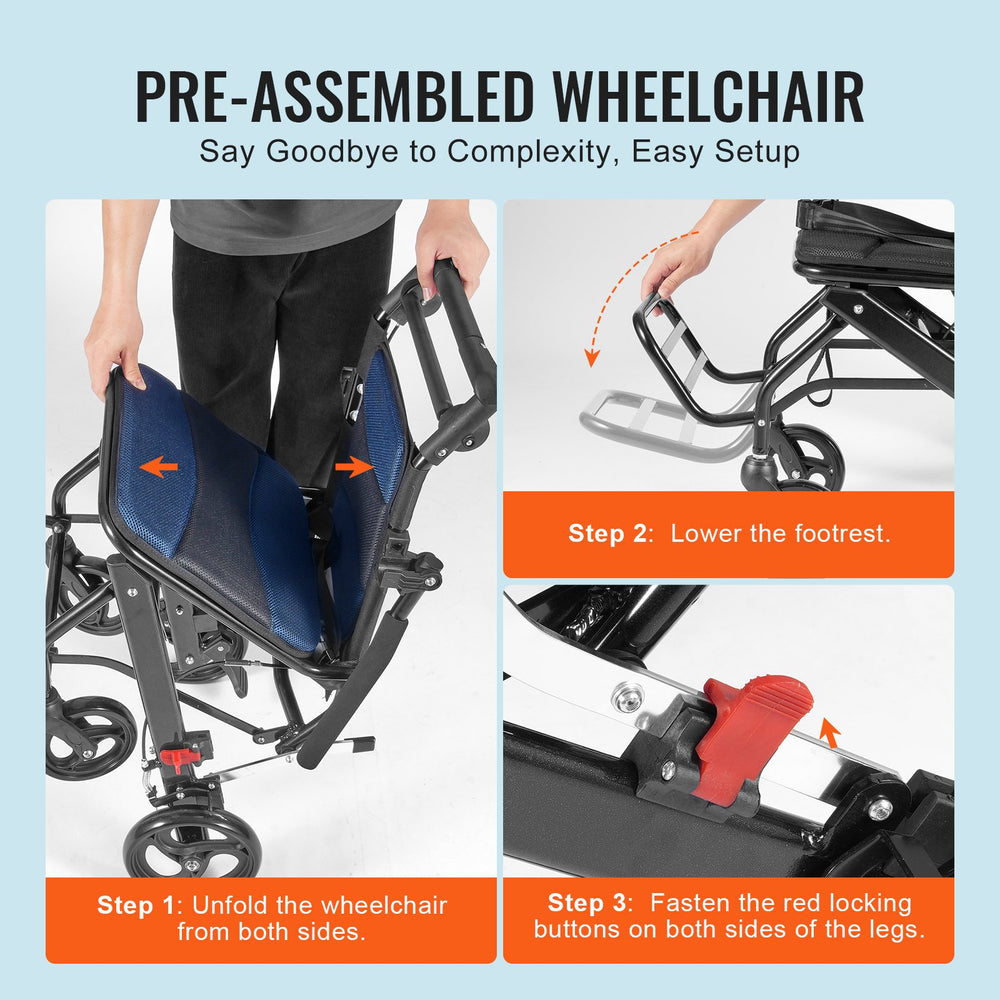 Vevor Wheelchair 15.7" Seat Lightweight Foldable Aluminum Alloy Transport Chair 220 Lbs Capacity New