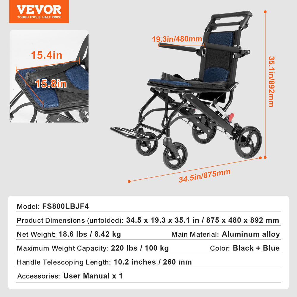 Vevor Wheelchair 15.7" Seat Lightweight Foldable Aluminum Alloy Transport Chair 220 Lbs Capacity New