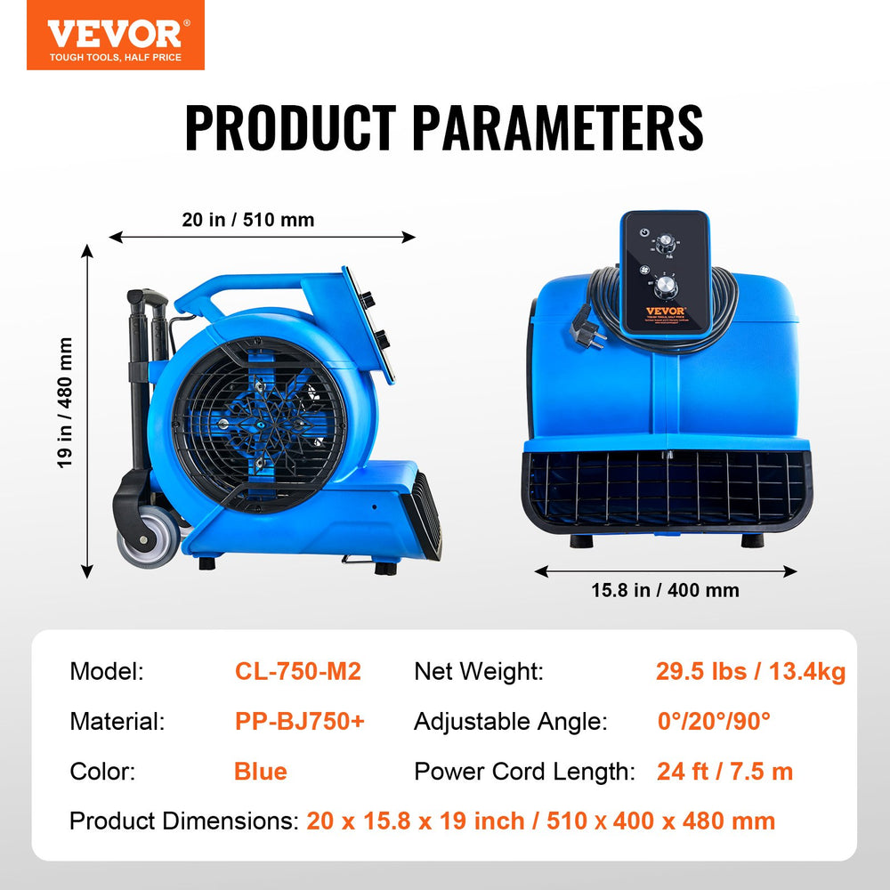 Vevor Floor Blower 1560 RPM 4000 CFM Air Mover with 3-Speeds and 3 Blowing Angles New