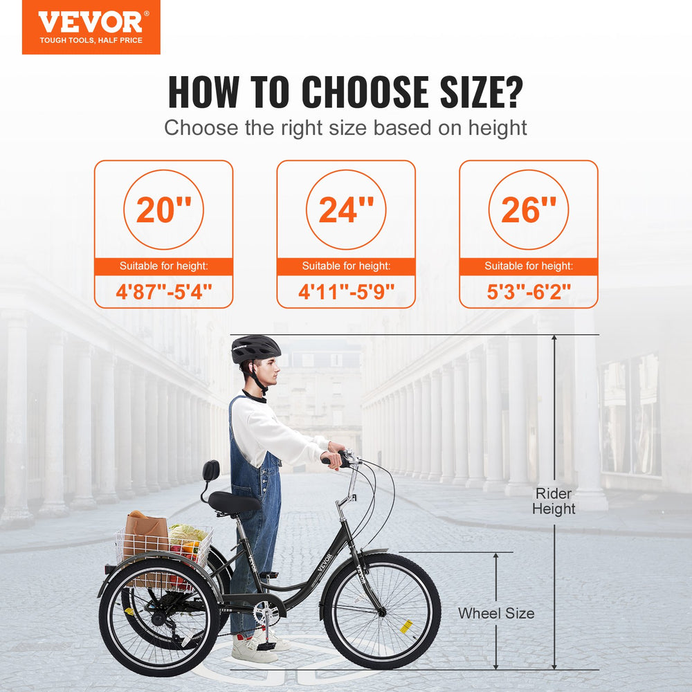 Vevor Adult Tricycle 26" 7-Speed Carbon Steel Cruiser with Backrest Seat Cushion and Basket New