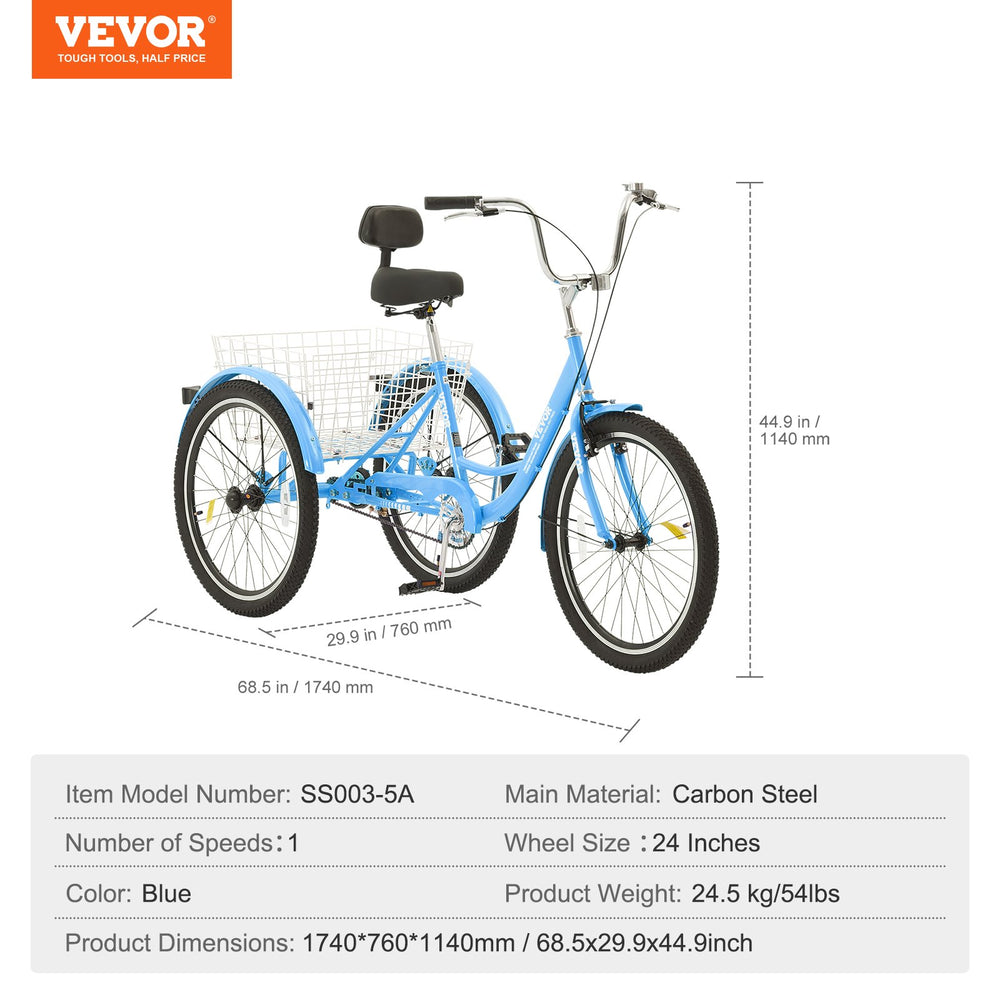 Vevor Adult Tricycle 24" 1-Speed Carbon Steel Cruiser with Backrest Seat Cushion and Basket New