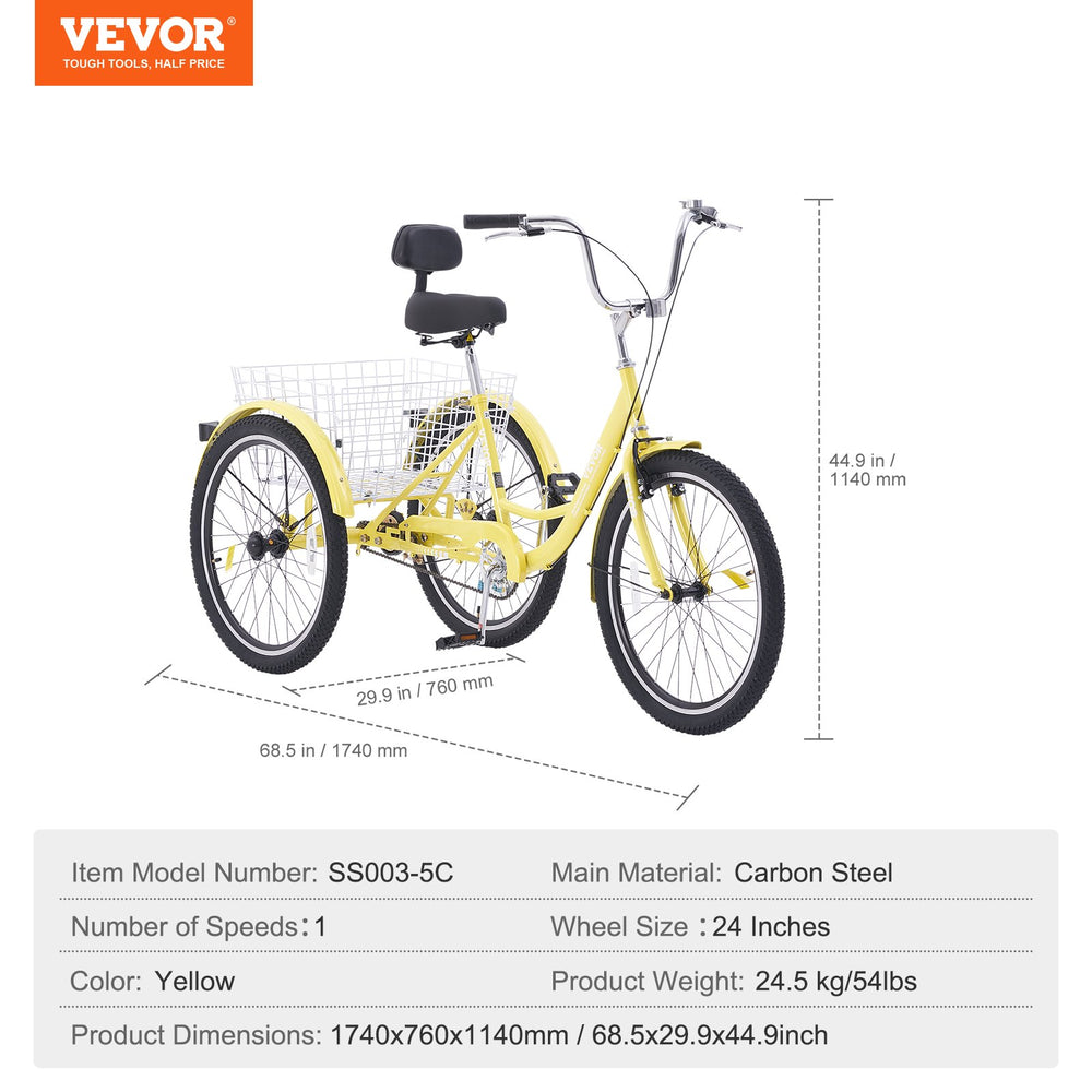 Vevor Adult Tricycle 24" 1-Speed Carbon Steel Cruiser with Backrest Seat Cushion and Basket New